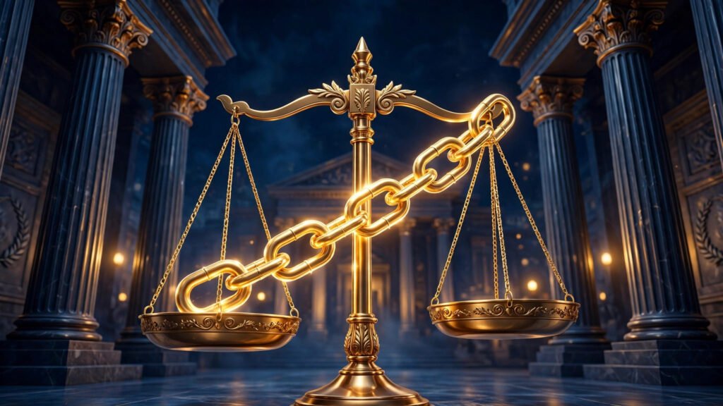 Link building for lawyers: golden scales of justice with a gold chain illustration