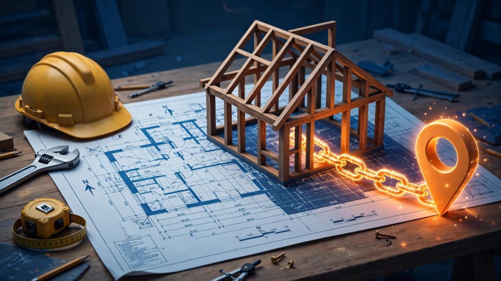 Link building for contractors: a wooden house frame on blueprints with a gold chain illustration