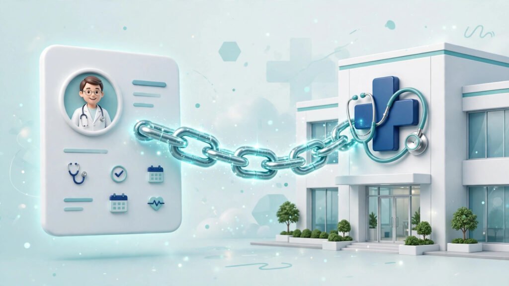 Link building for healthcare: a glowing chain linking a patient profile card and clinic illustration