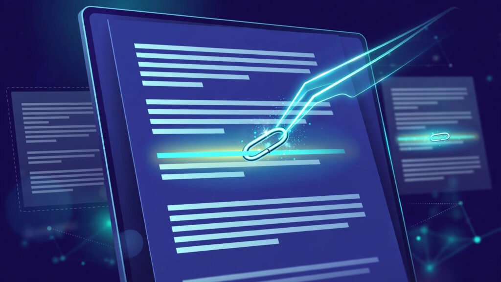 What is a niche edit? A glowing pen adding a link to an existing article page illustration