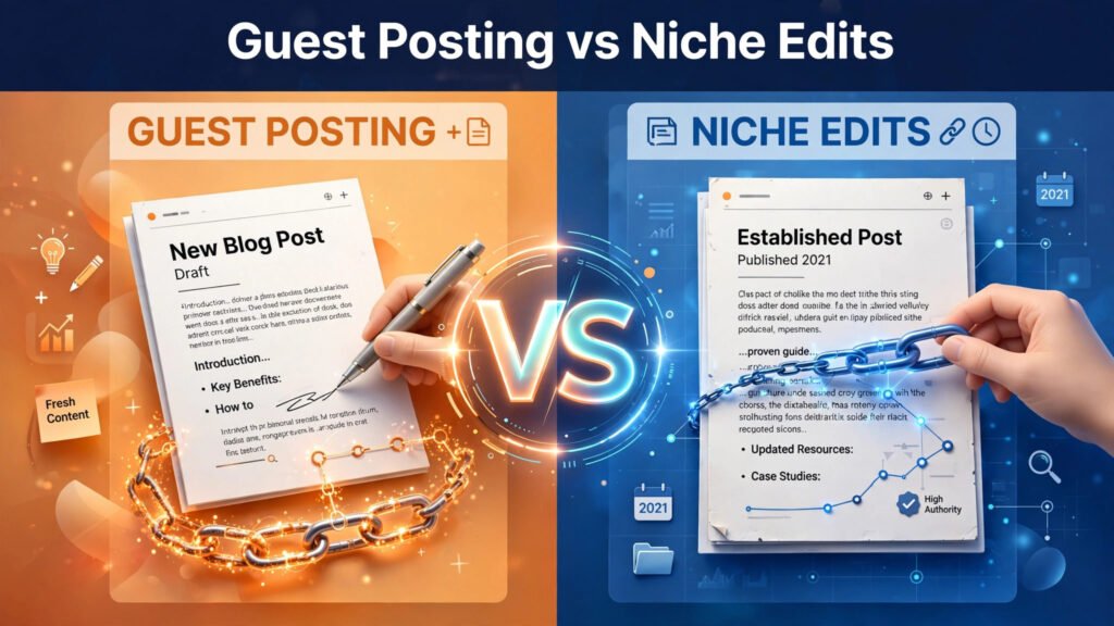 Guest posting vs niche edits: two article drafts compared with a VS badge illustration