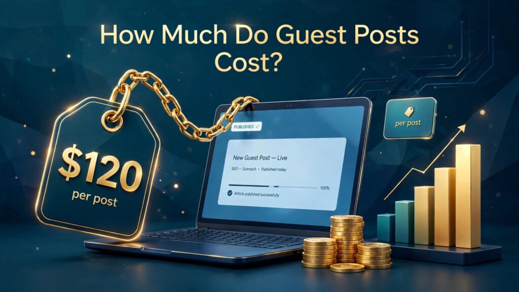 How much do guest posts cost? A laptop with a guest post price tag and gold chain illustration