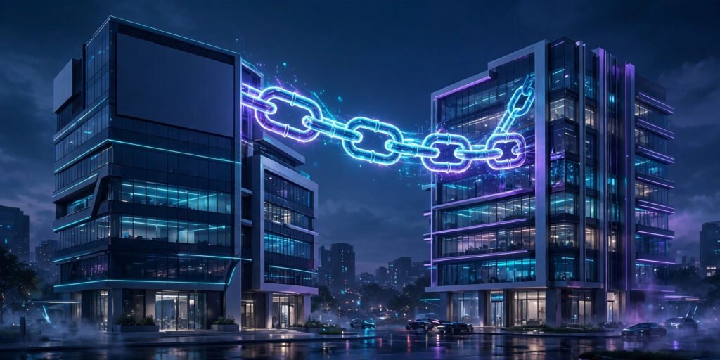 What is white label link building – two office buildings joined by a glowing chain